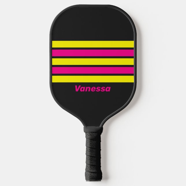 Retro Sun leuchtet über Streifen mit Namen Pickleball Schläger (Vorderseite)
