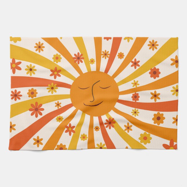 Retro Sun mit Hippie-Blume Sonnenschein Geschirrtuch (Horizontal)