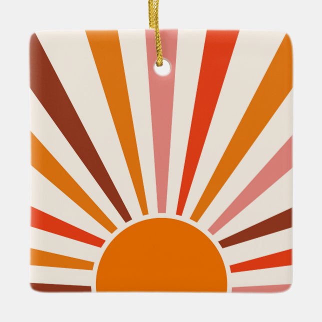 Retro Sun Rays Burst Sunset Orange Yellow Red   Keramikornament (Vorderseite)