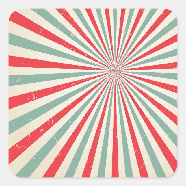 Retro Sunburst Mid Century Red & Green Quadratischer Aufkleber (Vorderseite)