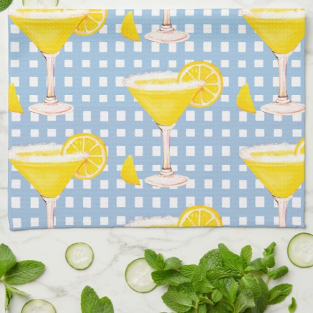 Retro Sunny Yellow Lemon Drop Blue White Karo Geschirrtuch (Fun lemon drop kitchen towelL)