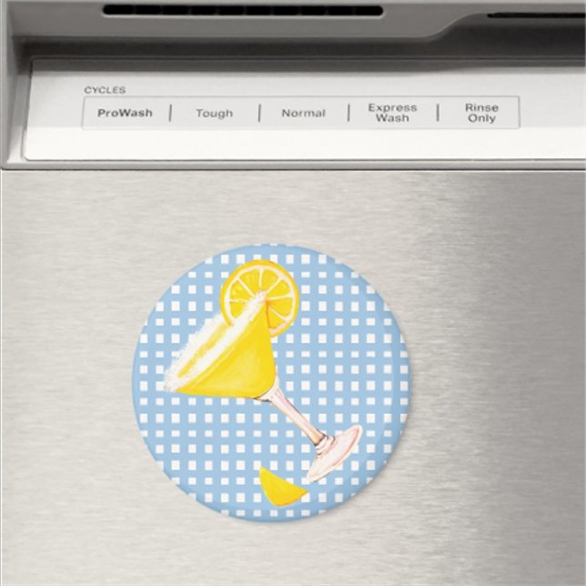 Retro Sunny Yellow Lemon Drop Blue White Karo Magnet (Cute lemon drop magnet makes a fun hostess gift!)