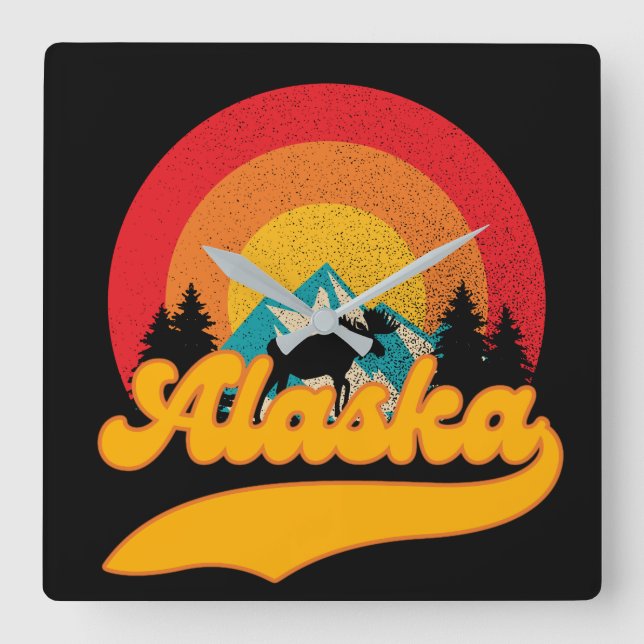 Retro Sunset Alaska Juneau Elche 0Berge Wild Quadratische Wanduhr (Vorderseite)