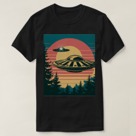 Retro Sunset Alien Spaceship Trees Schwarzer T - S T-Shirt