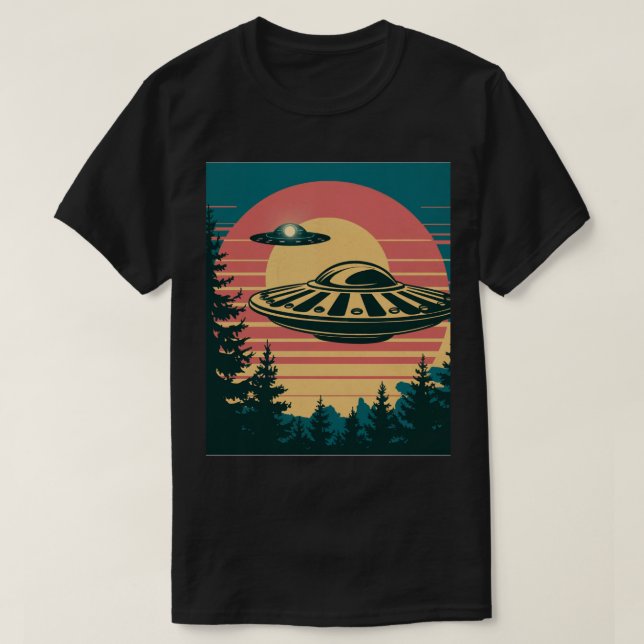 Retro Sunset Alien Spaceship Trees Schwarzer T - S T-Shirt (Design vorne)