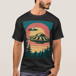 Retro Sunset Alien Spaceship Trees Schwarzer T - S T-Shirt