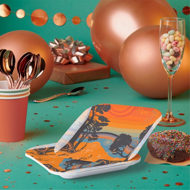 Retro Sunset Forest Landschaft Abstrakt Pappteller (Von Creator hochgeladen)