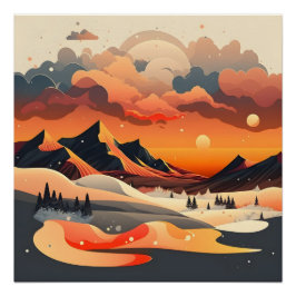Retro Sunset Mountain Landschaft Poster