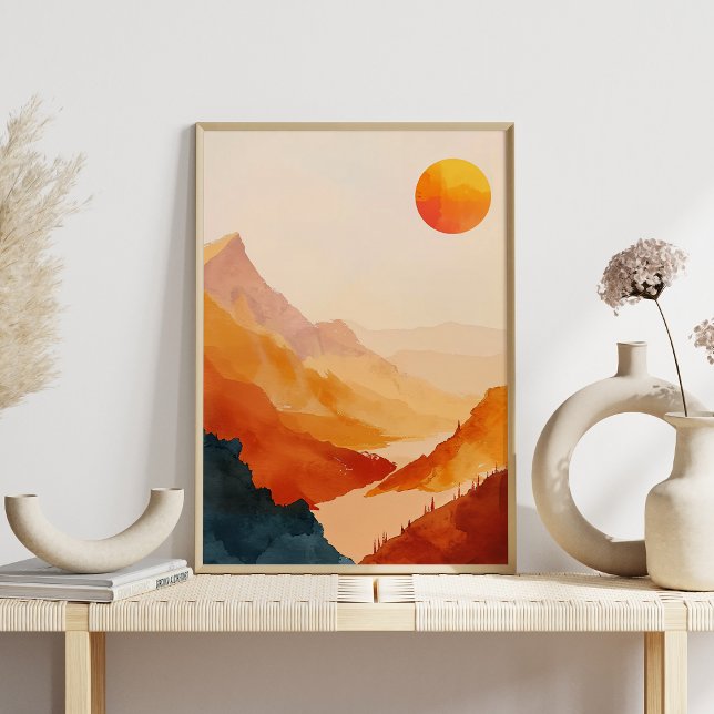 Retro Sunset Mountain Landschaft Wasserfarbe Poster (Von Creator hochgeladen)