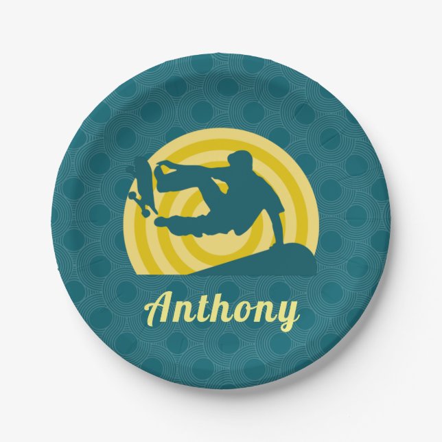 Retro Sunset Skateboarding Theme Individuelle Name Pappteller (Vorderseite)