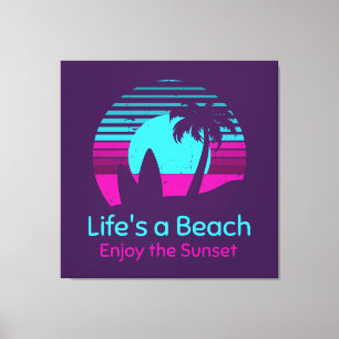 Retro Sunset Surfboard Palm Tree Life ist ein Stra Leinwanddruck