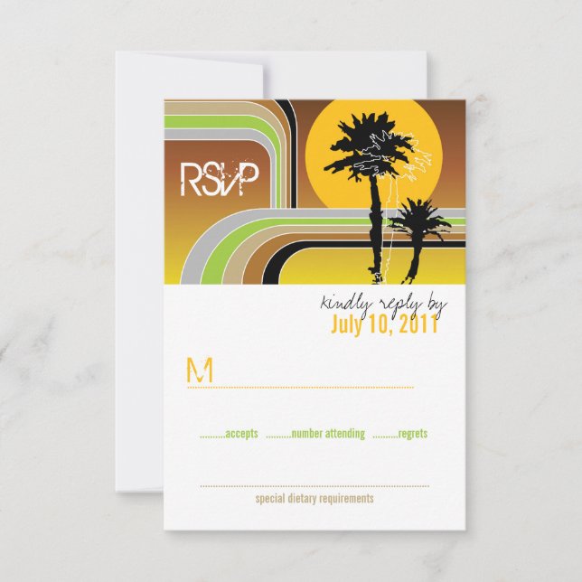 Retro Sunset Tropical Palm Trees Wedding RSVP Card (Vorderseite)