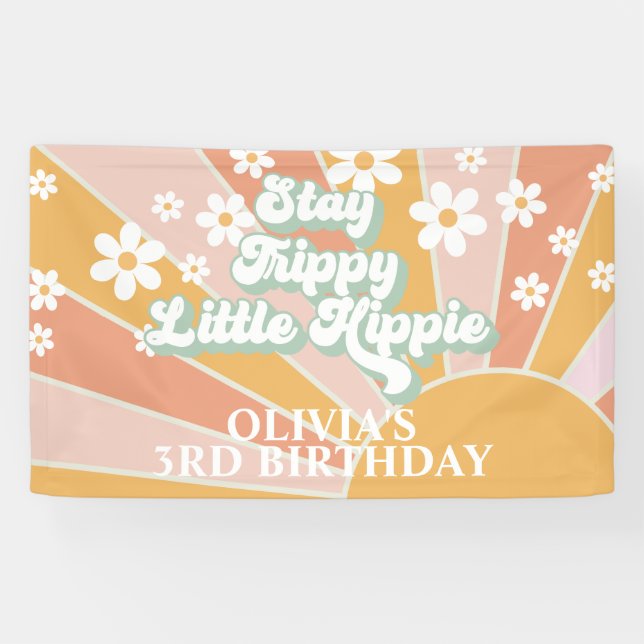 Retro Sunshine Bleibe Trippy Little Hippie Geburts Banner (Horizontal)