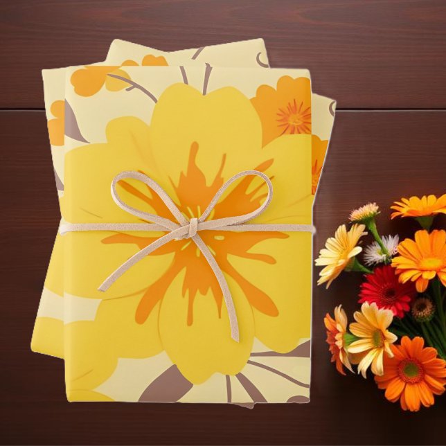 Retro Sunshine Blume Gelbes Blumenmuster Geschenkpapier Set (Retro Sunshine Flowers-Yellow Floral Pattern Wrapping Paper Sheets )