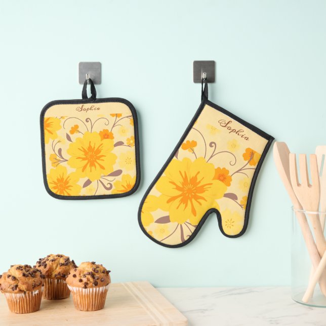 Retro Sunshine Floral Muster Gelbe Blumen Ofenhandschuh & Topflappen-Set (Insitu (Hängend))