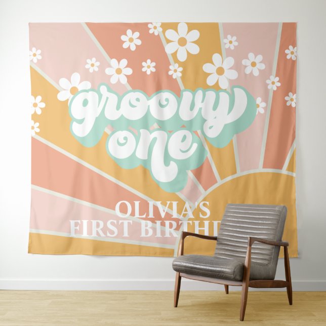 Retro Sunshine Groovy One Daisy Birthday Banner Wandteppich (Beispiel (Horizontal))