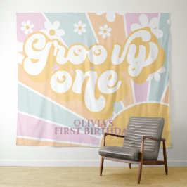 Retro Sunshine Groovy One Pastel Daisy Birthday Ba Wandteppich