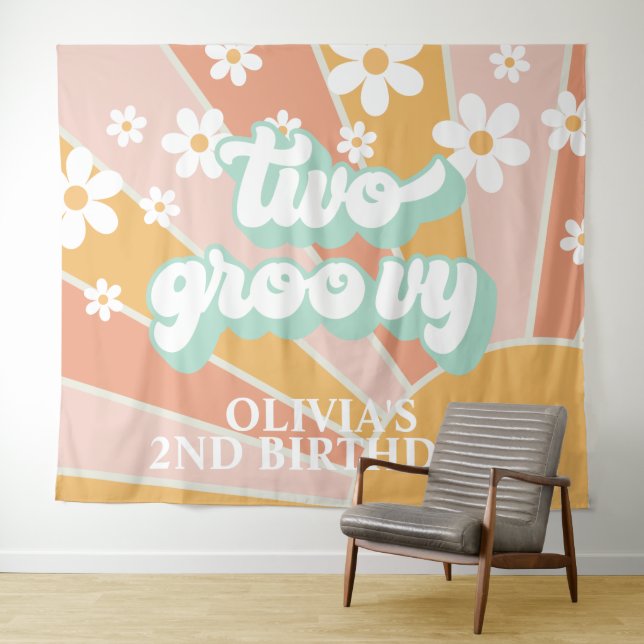 Retro Sunshine Two Groovy Daisy Birthday Banner Wandteppich (Beispiel (Horizontal))