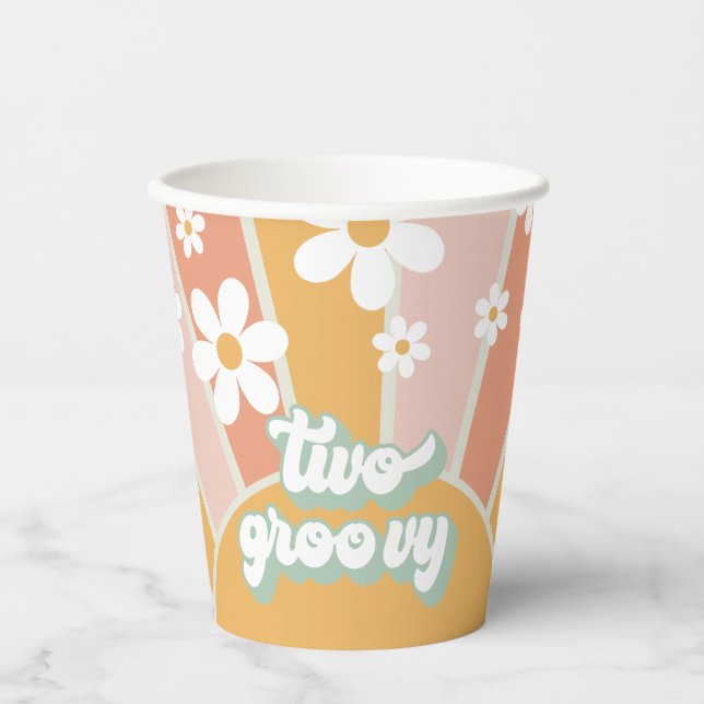 Retro Sunshine Two Groovy Daisy Birthday Pappbecher (Vorderseite)