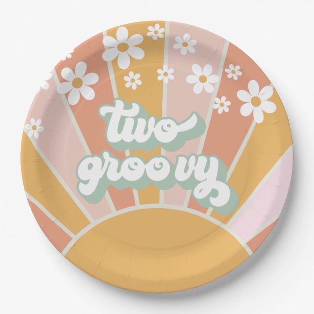 Retro Sunshine Two Groovy Daisy Birthday Pappteller (Vorderseite)