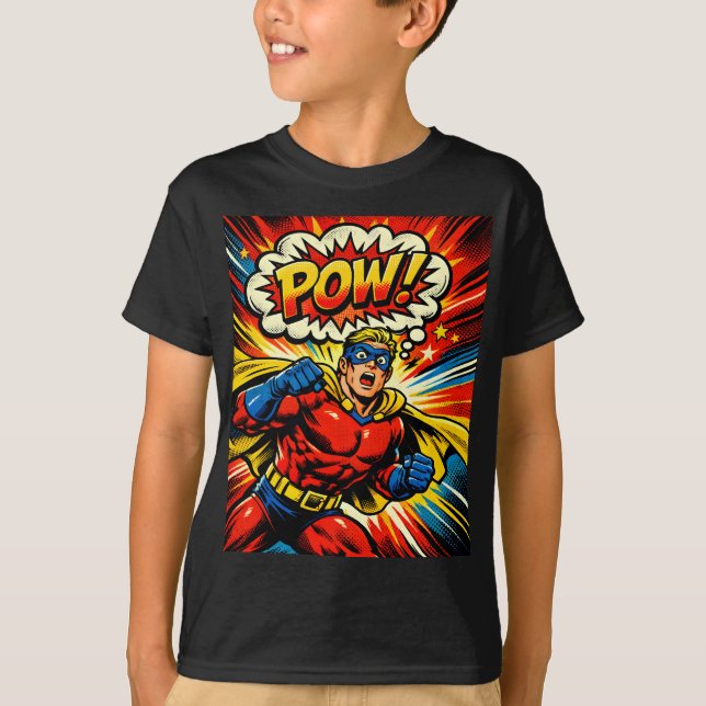 Retro-Superheld POW! Comic-Book-Pop-Art T-Shirt (Vorderseite)