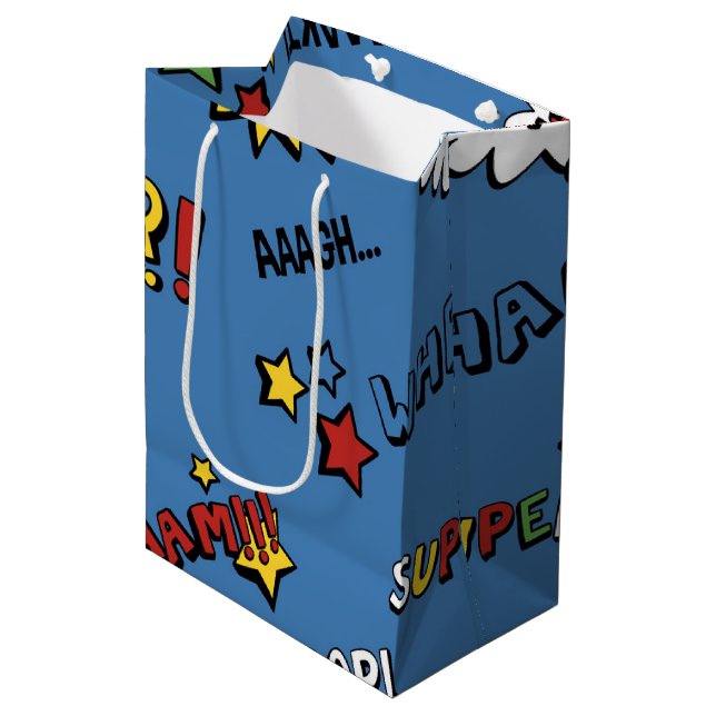 Retro Superheld scherzt Muster Mittlere Geschenktüte (Vorderseite Schrägansicht)