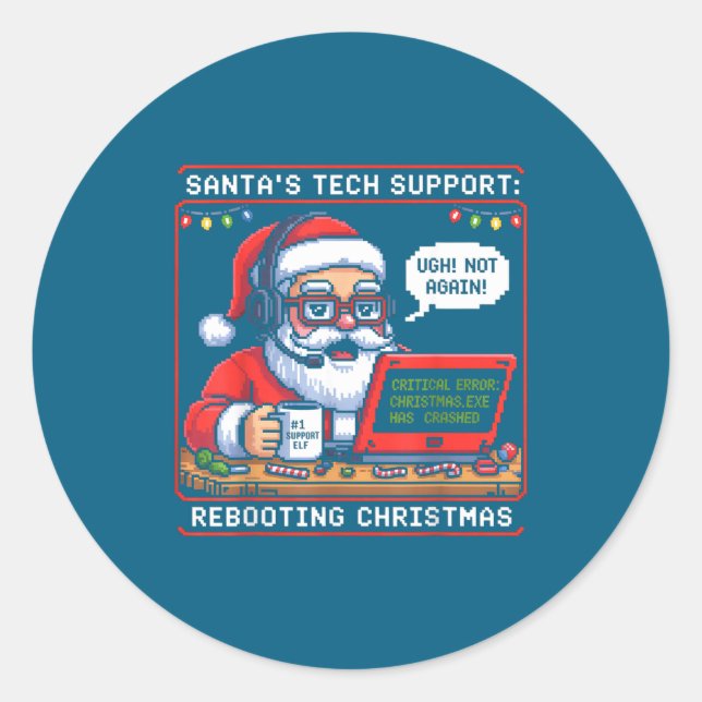 Retro Support Tech s Santa Rebooting Runder Aufkleber (Vorderseite)