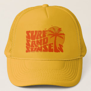 Retro Surf Sand Sunsets Palm Tree Beach Vibes Truckerkappe