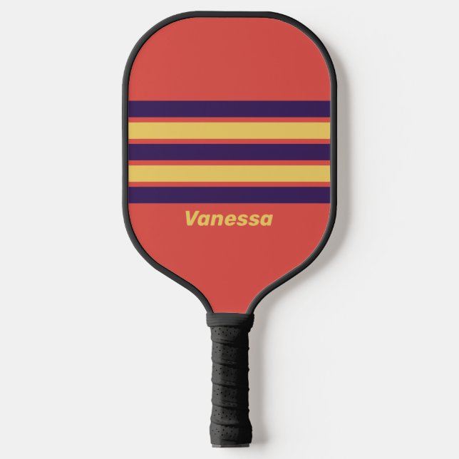Retro Surf Sonnenuntergang durch Streifen mit Name Pickleball Schläger (Vorderseite)