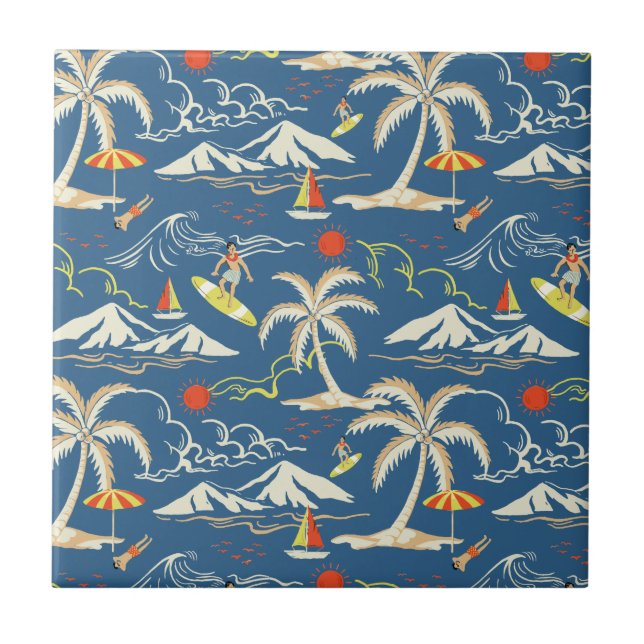 Retro Surf Tropical Pattern Fliese (Vorderseite)