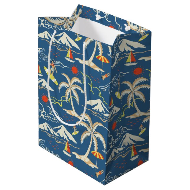 Retro Surf Tropical Pattern Mittlere Geschenktüte (Rückseite Schrägansicht)