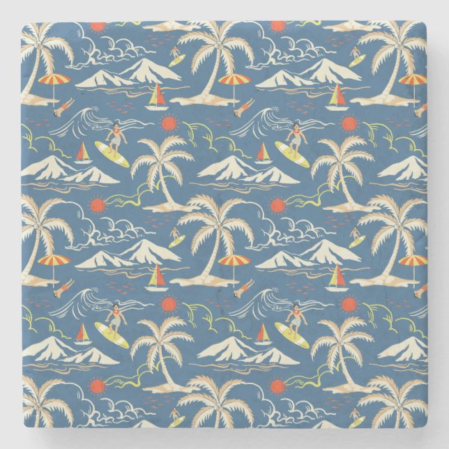 Retro Surf Tropical Pattern Steinuntersetzer (Vorderseite)