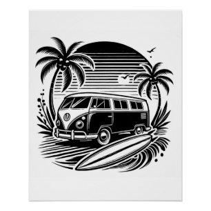 Retro Surf Van & Palm Trees Design Poster brillant
