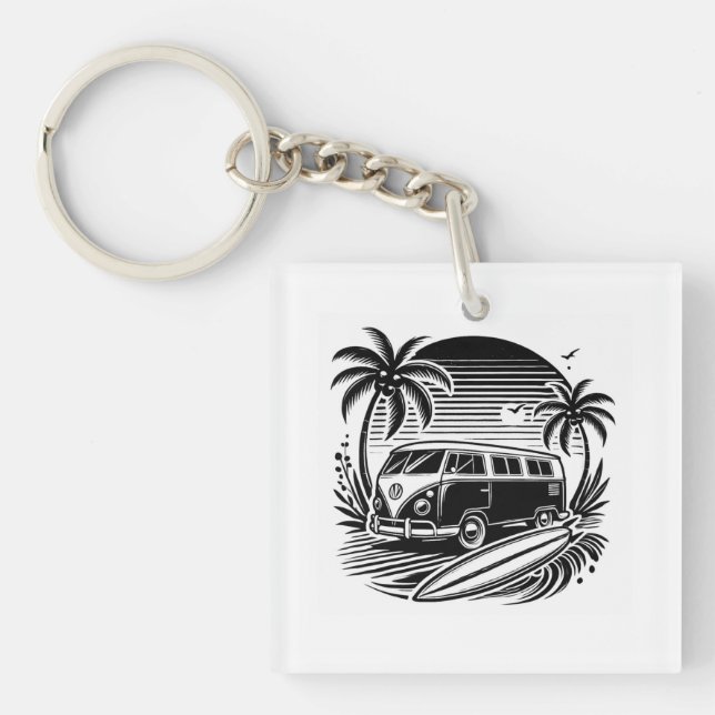 Retro Surf Van & Palm Trees Design Schlüsselanhäng Schlüsselanhänger (Vorderseite)