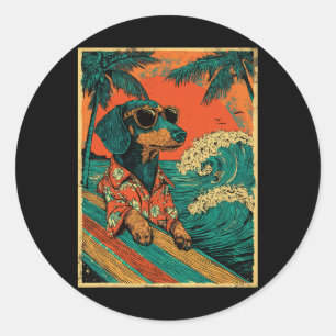 Retro Surfen Dachshund Surfer Hund Hawaiianischer  Runder Aufkleber