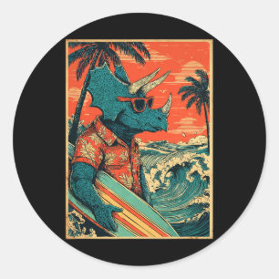 Retro Surfen Dinosaurier Hawaii Sommer Triceratops Runder Aufkleber