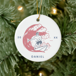 Retro Surfer Boy Beach Vibes Name & Year Big Wave Keramik Ornament