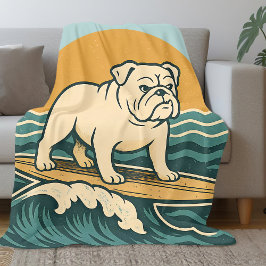 Retro Surfer Dog Art Blue Coastal Surfing Bulldog Fleecedecke