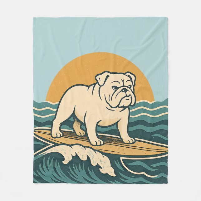 Retro Surfer Dog Blue Coastal Surfing Bulldog Art Fleecedecke (Vorderseite)
