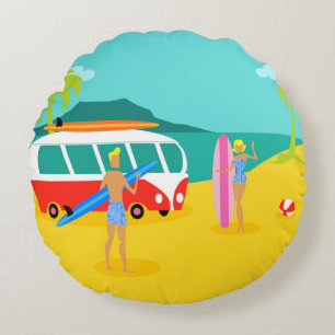 Retro Surfer-Paar-rundes Kissen