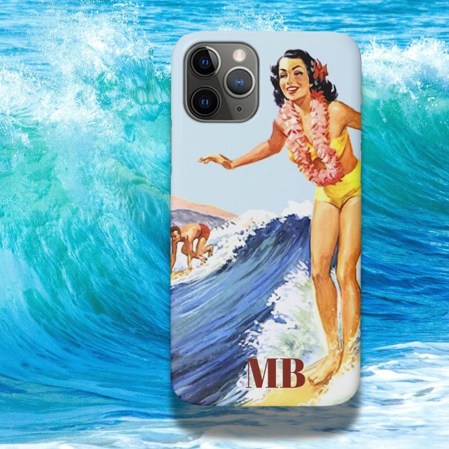 Retro Surfer Waves Summer Blue Monogram Case-Mate iPhone Hülle (Von Creator hochgeladen)