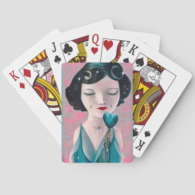 Retro Surreal Art Deco Aquamarines Herz Lady Spielkarten (Rückseite)