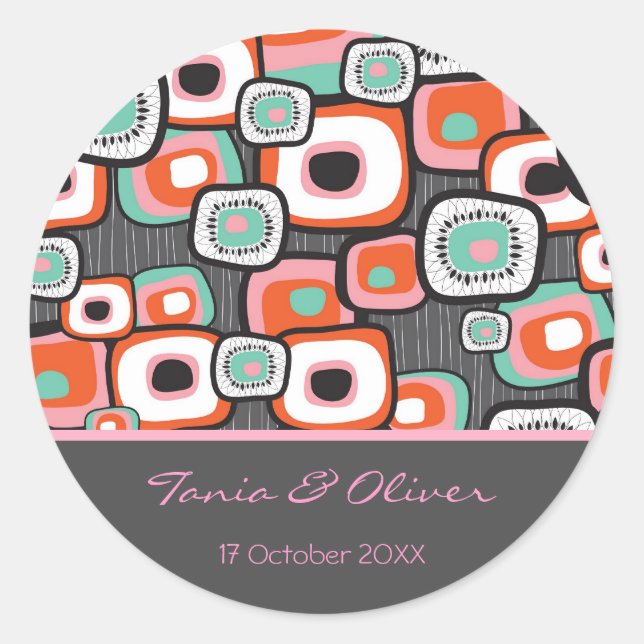 Retro Sushi Blume Squares Fun Wedding Stickers (Vorderseite)