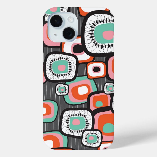 Retro Sushi Box Blume Quadrate farbiges Muster iPhone 15 Hülle (Rückseite)