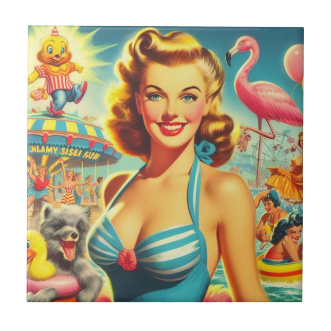 Retro Süß Kitsch Mädchen Fliese (Vorderseite)