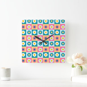 Retro Süße bunte Pastell-Blumen-Muster Quadratische Wanduhr
