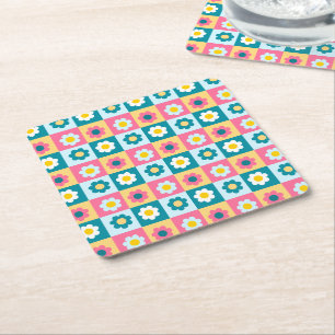 Retro Süße bunte Pastell-Blumen-Muster Rechteckiger Pappuntersetzer