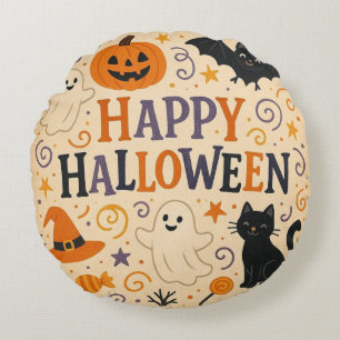 Retro, süße glückliche Halloween-Fledermaus, Geist Rundes Kissen