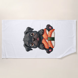 Retro süße schwarze Pug-Sushi-Cartoon-Vektor-Illus Strandtuch