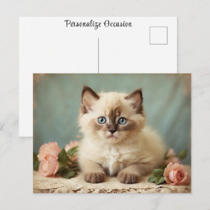 Retro Süßes Ragdoll-Kätzchenportrait Blumen Postkarte